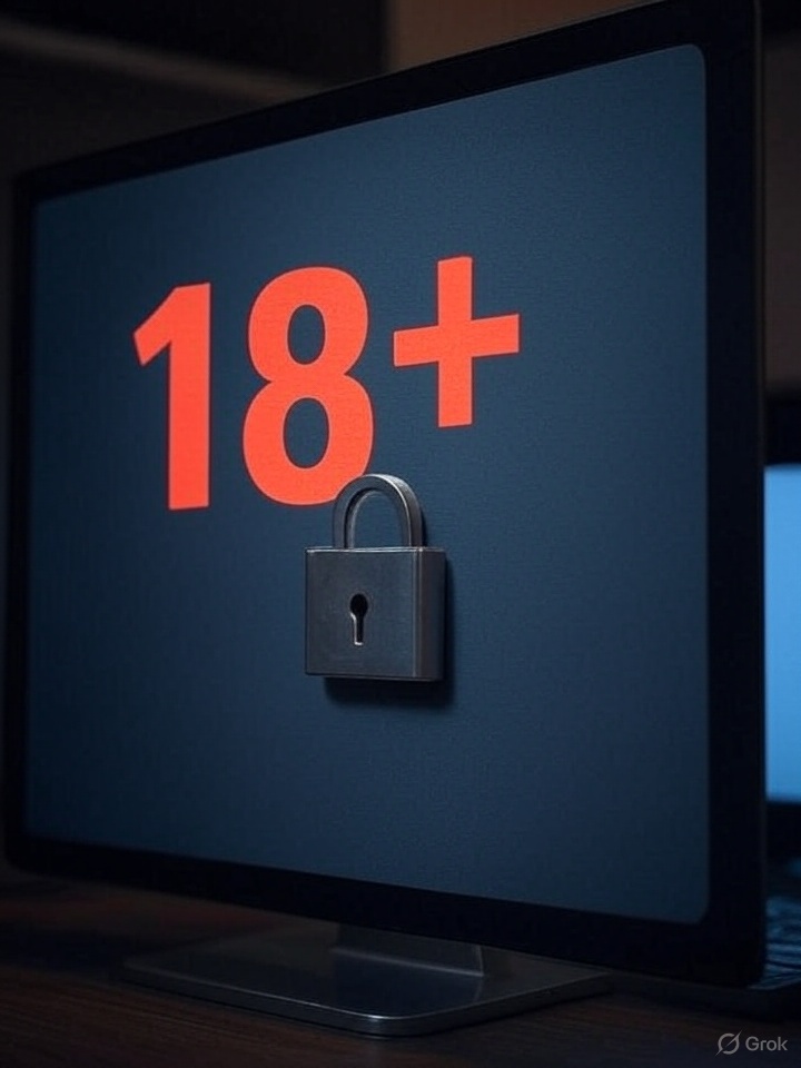 L'immagine raffigura uno schermo di un computer con la scritta "18+" in rosso e un lucchetto al centro, su uno sfondo blu scuro. Lo scopo dell'immagine è simbolizzare le restrizioni di accesso a contenuti online riservati a un pubblico adulto, probabilmente in riferimento a nuove normative o controlli di età. Il lucchetto rappresenta la protezione o il blocco di contenuti sensibili, suggerendo un aumento delle misure di sicurezza o censura digitale per tutelare i minori o regolamentare l'uso di internet. spiega normative future controlli di età online